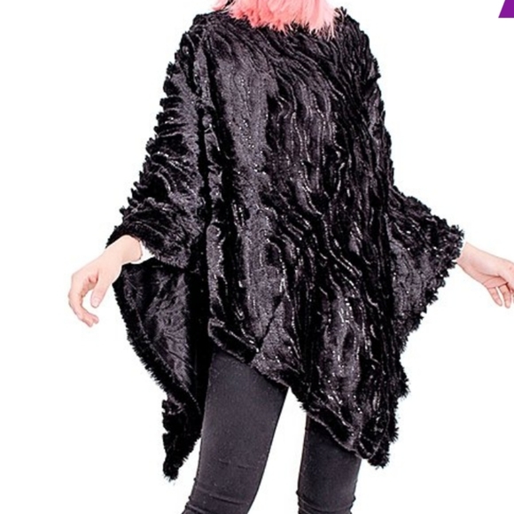 🌞J C SUNNY Faux Fur Sequin Poncho in Brown - Picture 2 of 3